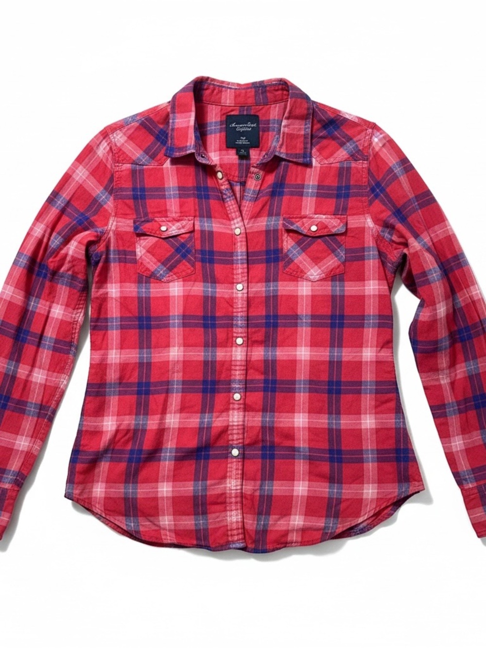 American Eagle Outfitters Red and Navy Plaid Button-Down Shirt